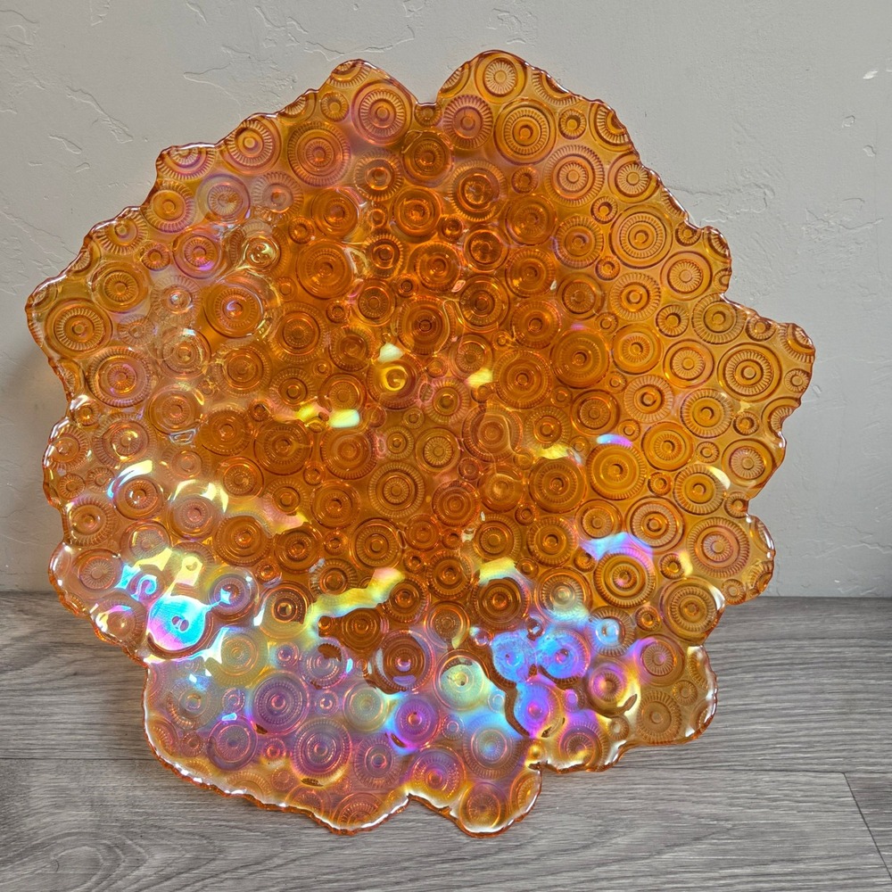 AKCAM Orange Carnival Glass Bowl Ruffled Bullseye Iridescent Turkey Art